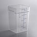 A clear plastic Carlisle food storage container with measuring measurements.