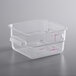 A Carlisle clear square plastic food storage container with a handle.