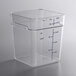 A Carlisle clear plastic food storage container with a measuring line.
