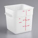 A white Carlisle square food storage container with measurements in red.