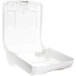 A white plastic San Jamar C-fold and multifold towel dispenser with a clear lid open.
