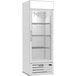 A white Beverage-Air MarketMax refrigeration unit with glass doors and shelves.