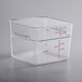 A clear square Carlisle polycarbonate food storage container with red writing.