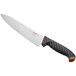 A Schraf 8" chef knife with a brown TPR grip handle on a counter.