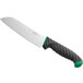 A Schraf Santoku knife with a black blade and green TPRgrip handle.