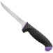 A Schraf purple narrow boning knife with a black blade and TPR grip handle.