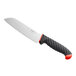 A Schraf Santoku knife with a black blade and red handle.