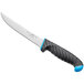 A Schraf serrated utility knife with a black blade and blue TPRgrip handle.