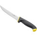 A Schraf utility knife with a yellow TPRgrip handle and black blade on a counter.