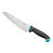 A Schraf 8" chef knife with a blue handle.