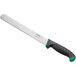 A Schraf serrated slicing knife with a black blade and green handle.