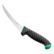 A Schraf 6" boning knife with a green TPRgrip handle and a black blade on a counter.
