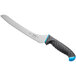 A Schraf bread knife with a black blade and blue TPRgrip handle.