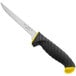 A Schraf narrow boning knife with a yellow handle and black blade.