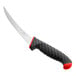 A Schraf 6" red curved boning knife with a black blade.