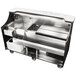 A Perlick stainless steel mobile bar with sink, ice chest, and drawers.