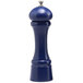 A blue pepper mill with a white base and a silver top.