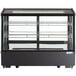 A black Avantco refrigerated square countertop display case with glass door and shelves.