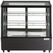 An Avantco black refrigerated countertop display case with glass doors.