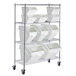 A metal shelving rack with white Baker's Mark ingredient bins.