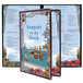 Seafood themed menu paper with a blue harbor design featuring a red lobster and a boat.