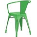 A Lancaster Table & Seating distressed green metal arm chair with a backrest.