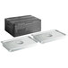 A black plastic CaterGator food pan carrier with two silver trays and lids inside.
