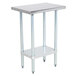 A silver stainless steel work table with a galvanized undershelf.