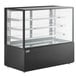 A black refrigerated bakery display case with glass shelves.