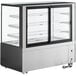 An Avantco black and silver dry bakery display case with a glass door and two shelves.