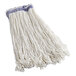 A white Rubbermaid Rayon Looped End Wet Mop Head with blue stripes.
