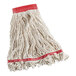 A close up of a Rubbermaid White Blend Looped End Wet Mop Head with red trim.