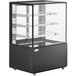 An Avantco black square dry bakery display case with glass shelves.