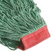 A Rubbermaid green looped end wet mop head with a red handle.