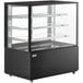 An Avantco black refrigerated bakery display case with glass shelves.