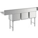 A Regency stainless steel three compartment sink with stainless steel legs and cross bracing and a right drainboard.