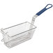 A stainless steel APW Wyott countertop fryer with a wire basket and blue handle.