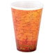 A Dart foam hot cup with a brown and orange custom design.
