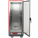 A red Metro C5 heated holding cabinet with clear door open.