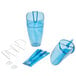 A blue plastic San Jamar ice tote with a scoop.