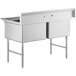 A Regency stainless steel two compartment sink with stainless steel legs and cross bracing.