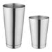 A pair of silver Acopa stainless steel cups with lids.