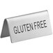 A stainless steel double sided table tent sign that says "Gluten Free" on it.