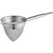 A close-up of a Choice stainless steel strainer with a handle.