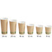 A row of EcoChoice Kraft paper hot cups with measurements.