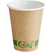 A brown EcoChoice paper hot cup with a green label.