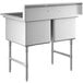 A Regency stainless steel two compartment sink on stainless steel legs with cross bracing.