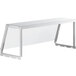 A white table with a clear surface and a ServIt angled clear sneeze guard.
