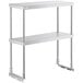 A stainless steel ServIt double overshelf with two shelves on metal legs.