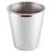 A silver metal liner for a round wastebasket.